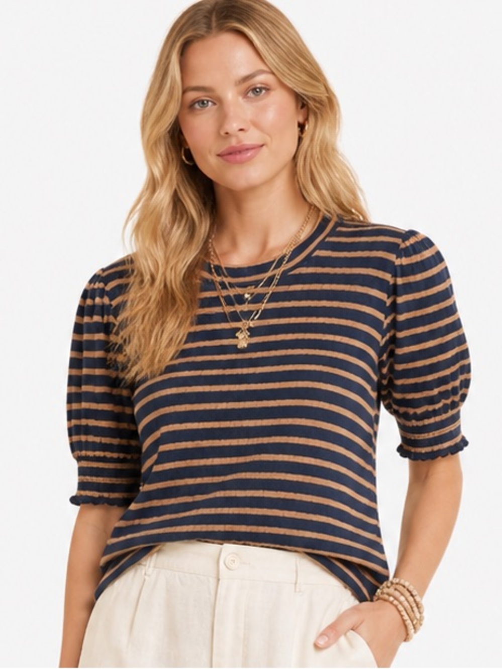 Lucky Brand Striped Top Women’s Large Navy and Tan Puff Sleeve Casual Boho